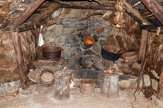 The Icelandic grass house has a fireplace in the center of the house