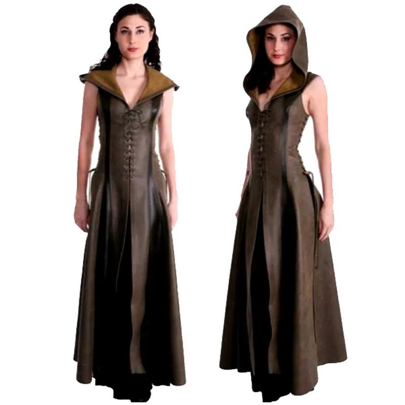 Viking Costume Women Sexy Lace Up Leather Hooded Medieval Dress (Size: S)