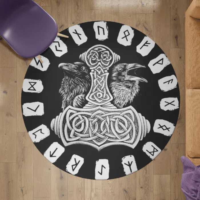 Viking Round Carpet Hammer Raven And Rune