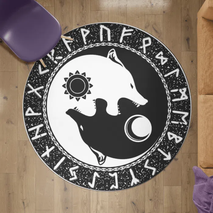 Viking Round Carpet Yin Yang Wolf and Rune