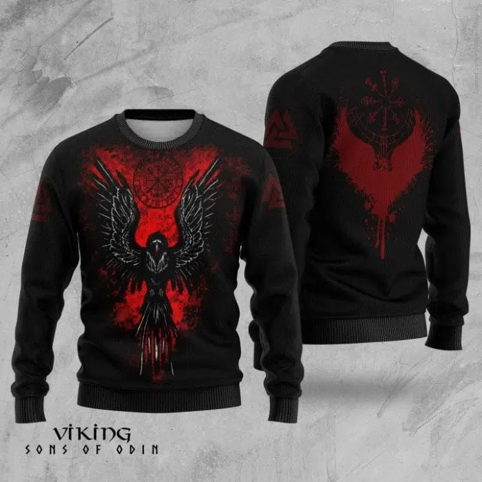 Viking Shirt Red Raven Symbol Vegvisir