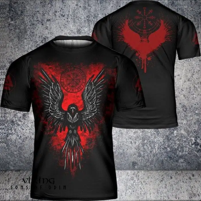 Viking Shirt Red Raven Symbol Vegvisir