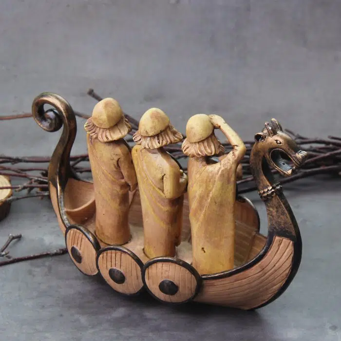 Viking Sculpture Dragon Boat With 3 Vikings On Boat