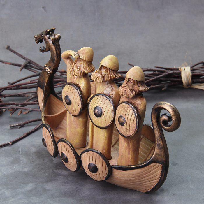 Viking Sculpture Dragon Boat With 3 Vikings On Boat
