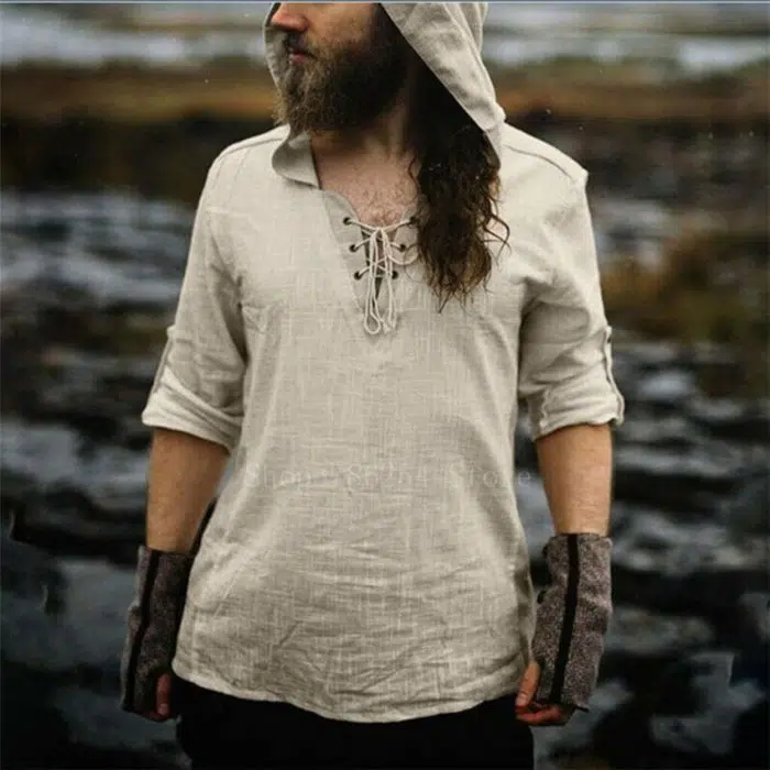 Viking Shirt Man Medieval Viking Vintage Casual Male Hooded Knight Renaissance Nordic Tunic