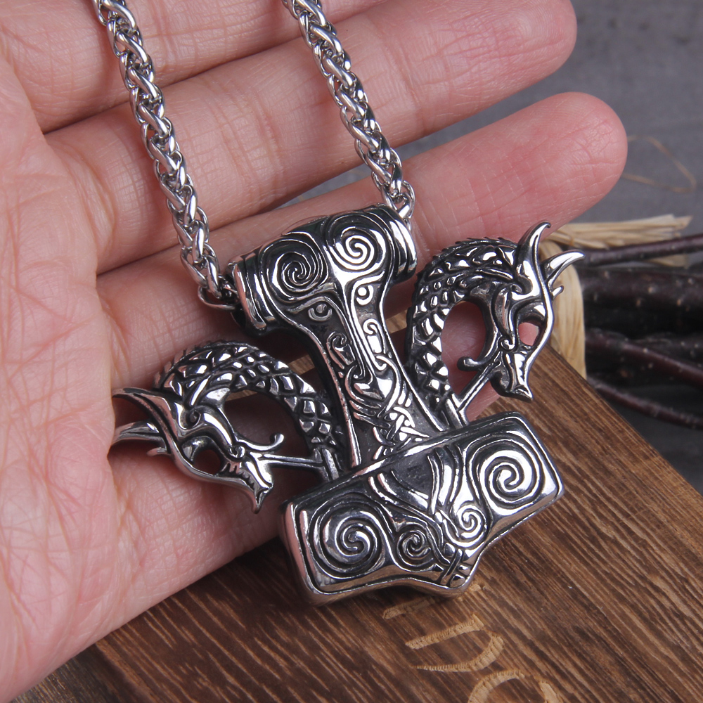 Never Fade thor s hammer mjolnir pendant necklace viking dragon scandinavian norse viking necklace with wooden 2