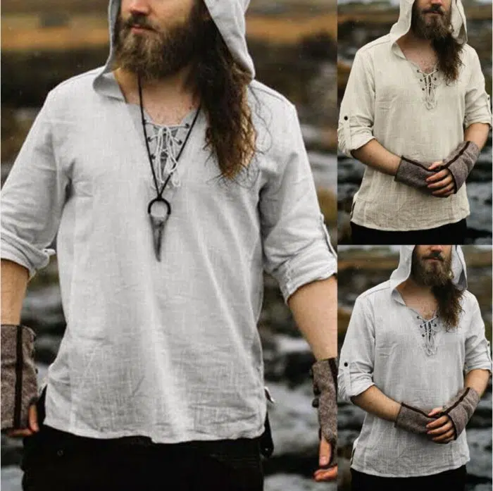 Viking Shirt Man Medieval Viking Vintage Casual Male Hooded Knight Renaissance Nordic Tunic Viking Halloween Costume