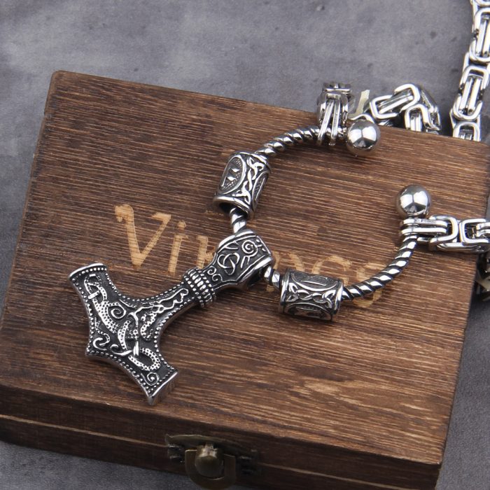 Viking Necklace Rune beads and thor's hammer mjolnir