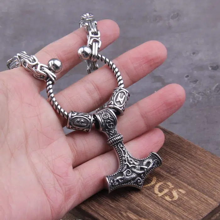 Viking Necklace Rune beads and thor's hammer mjolnir