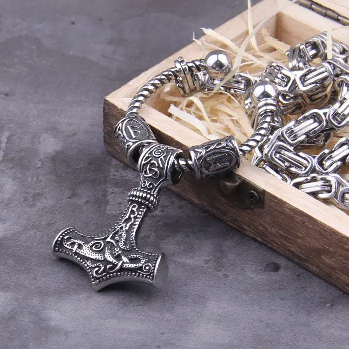 Viking Necklace Rune beads and thor's hammer mjolnir