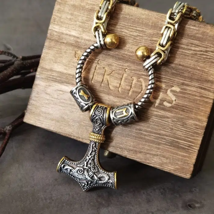 Viking Necklace Rune beads and thor's hammer mjolnir