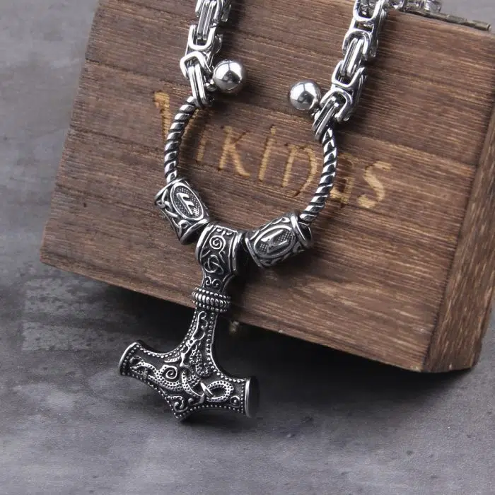 Viking Necklace Rune beads and thor's hammer mjolnir