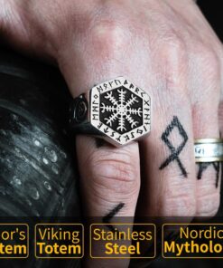 Viking Ring Vegvisir crafted in solid Stainless Steel. Written on it with the Wolf Head Viking.