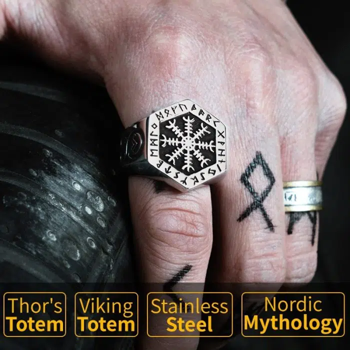 Viking Ring Vegvisir crafted in solid Stainless Steel. Written on it with the Wolf Head Viking.