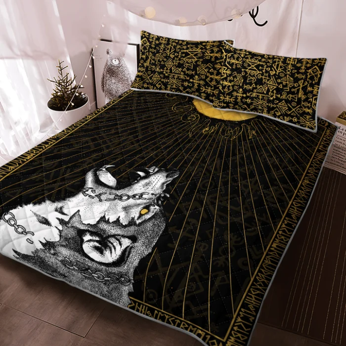 Viking Bed Set Wolf Fenrir And Rune | Viking Bedding Set