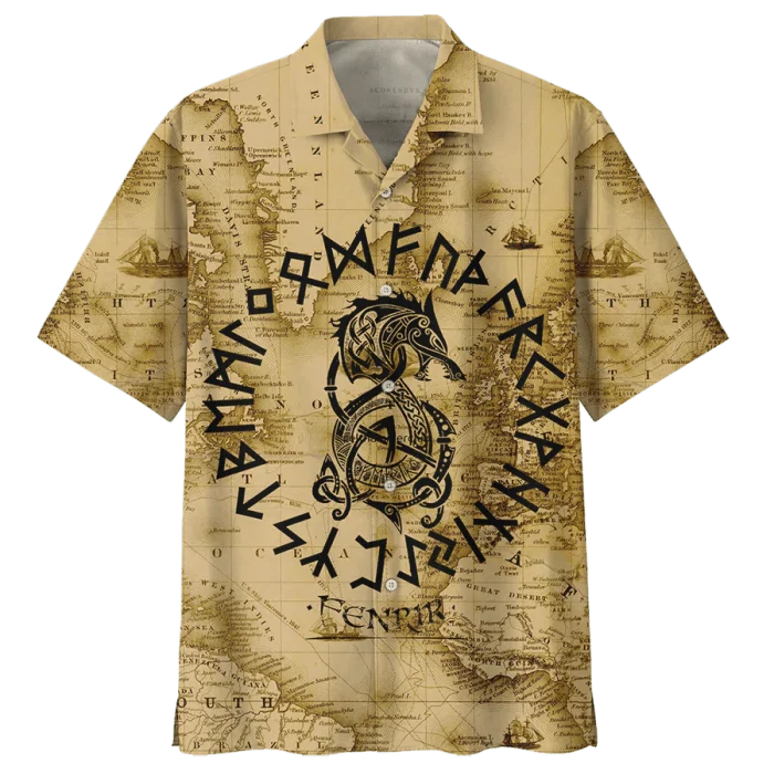 Viking Hawaiian Shirt Rune Fenrir World Map