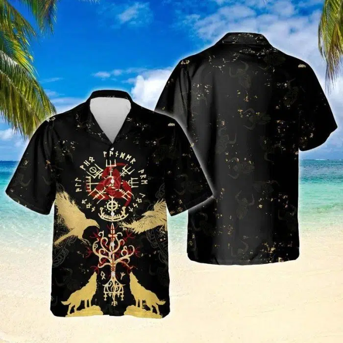 Viking Hawaiian Shirt Tree Of Life Raven Wolf