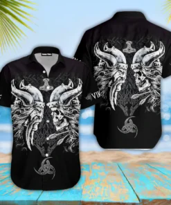 Viking Hawaiian Shirt Odin The Triple Horn of Odin Mjolnir
