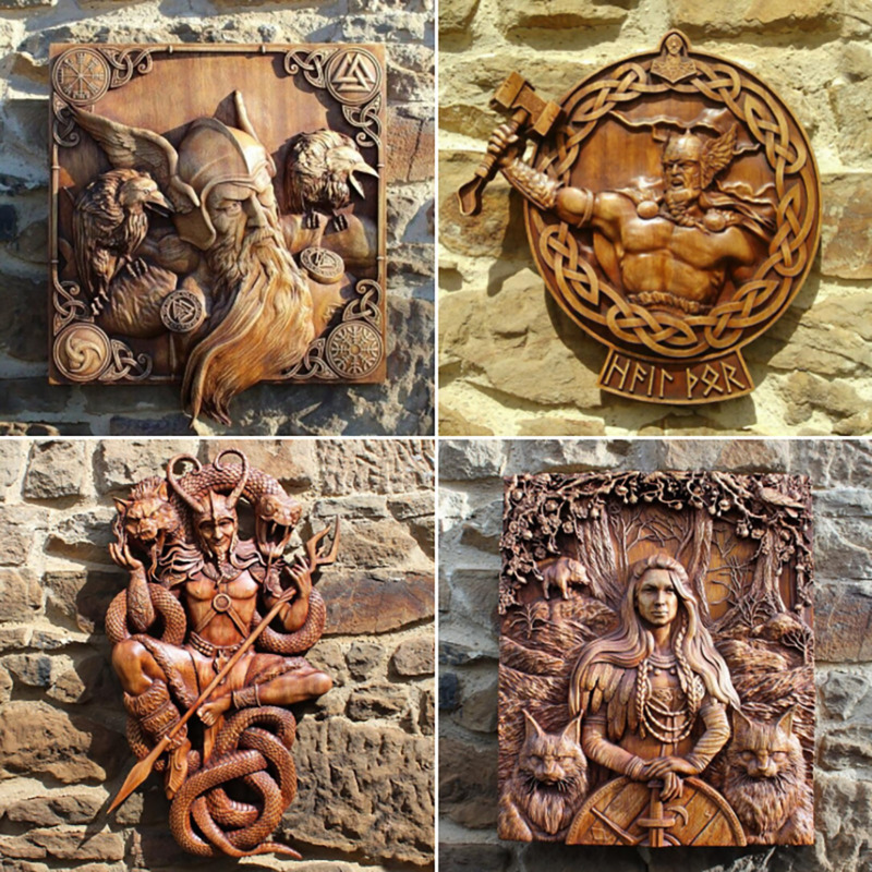 Ornaments of ancient vikings on a wooden surface. External wooden