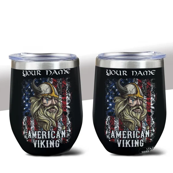 Viking Wine Tumbler See you in Valhalla Raven Skull American Flag | Viking Drinkware