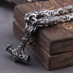 Viking Necklaces Wolf Head with Thor's Hammer Mjolnir