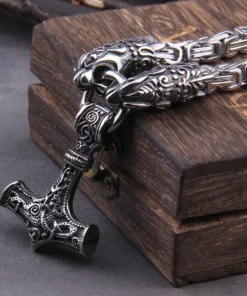 Viking Necklaces Wolf Head with Thor's Hammer Mjolnir