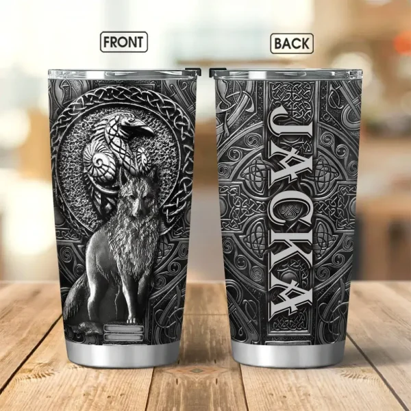 Viking Tumbler Fenris Wolf Raven Personalized Name | Viking Drinkware