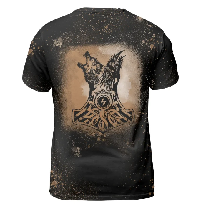 Viking Bleached T-Shirt Untill Valhalla Thor Hammer Mjolnir Raven