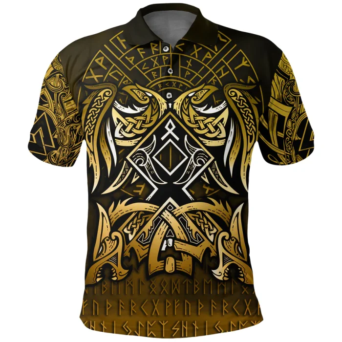 Viking Polo Shirt Othala and Raven Golden
