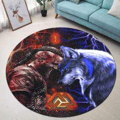 Viking Round Carpet Ragnar Wolf Vegvisir