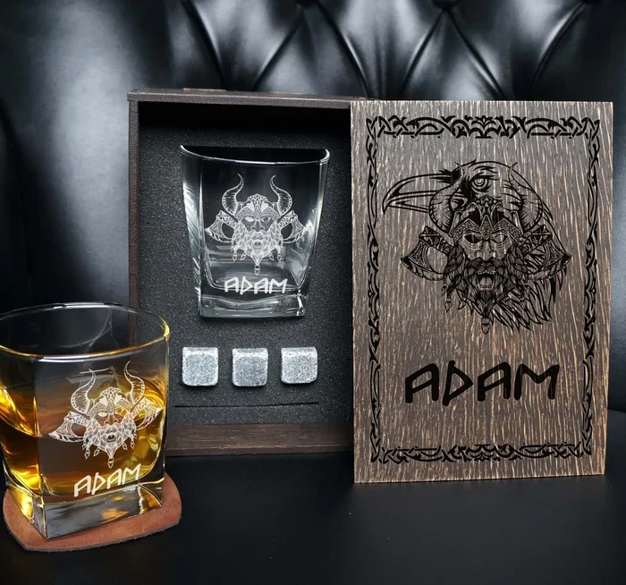 Viking Glass Cup Raven Odin, Viking ship - Personalized whiskey gift set - Viking Drakkar