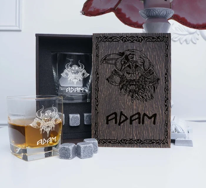 Viking Glass Cup Raven Odin, Viking ship - Personalized whiskey gift set - Viking Drakkar