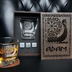 Viking Glass Cup Vegvisir, Viking ship - Personalized whiskey gift