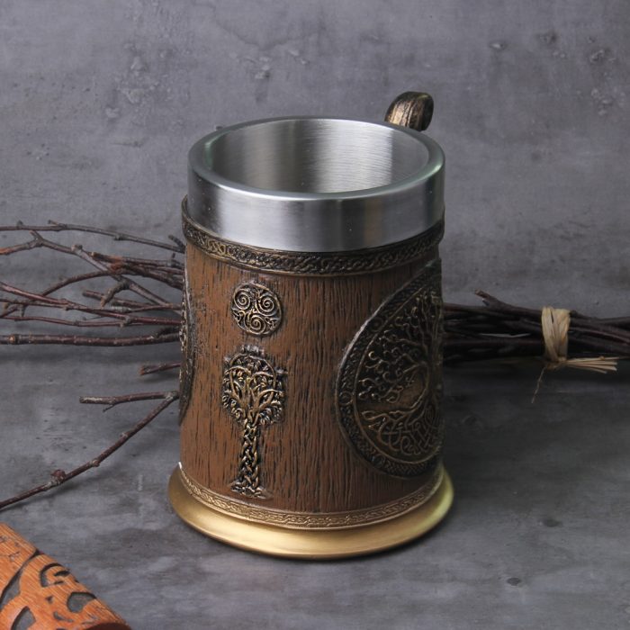 Viking Mug Wood Style Beer Mug Simulation tree of life Drakkar Tankard Mug Nordic Beer Cup