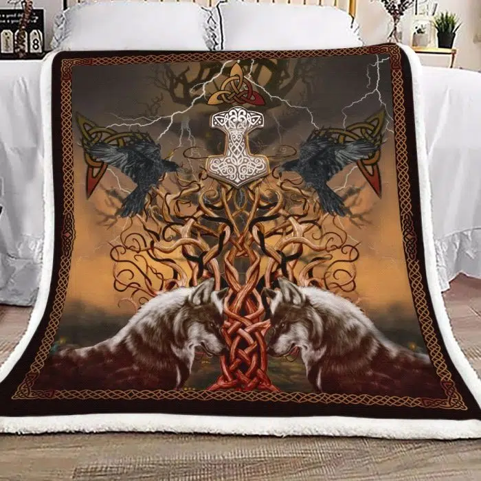 Viking Fleece Blanket Viking Tree Of Life Mjolnir Fenrir Raven