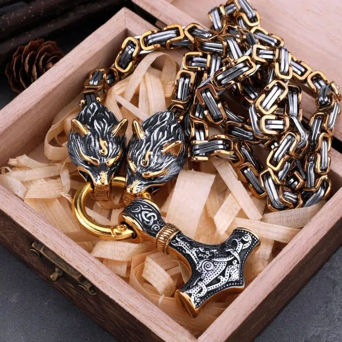 Viking Necklaces Viking Wolf Head Thor's Hammer Gold