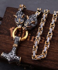 Viking Necklaces Viking Wolf Head Thor's Hammer Gold