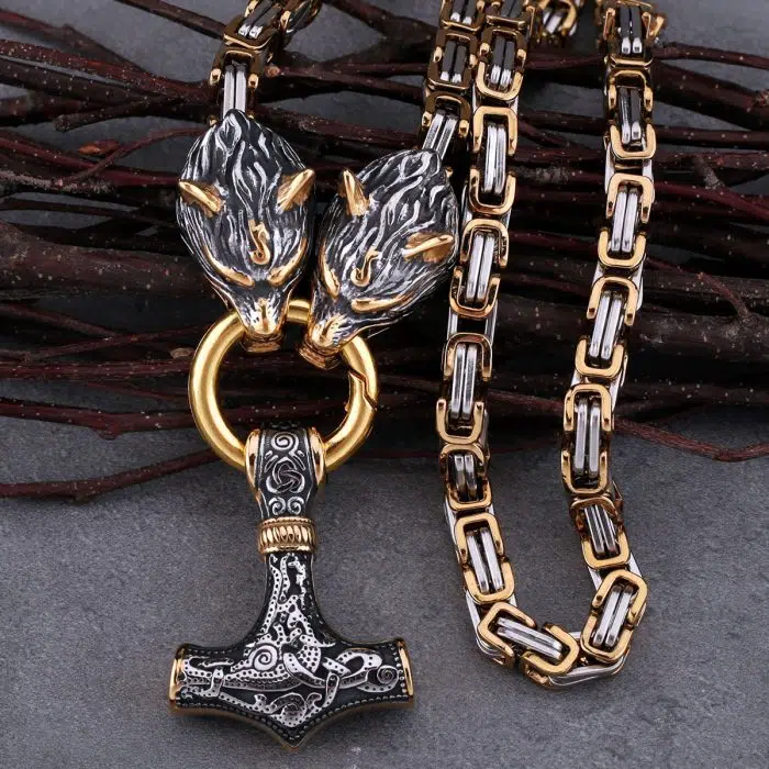 Viking Necklaces Viking Wolf Head Thor's Hammer Gold