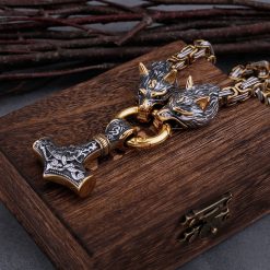 Viking Necklaces Viking Wolf Head Thor's Hammer Gold