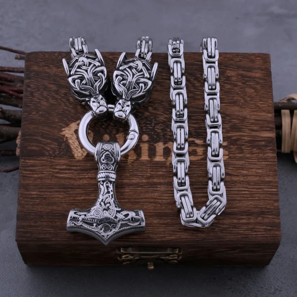 Viking Necklaces Wolf Head Thor's Hammer