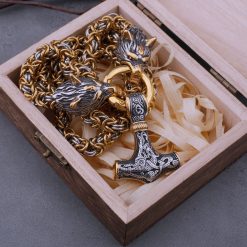 Viking Necklaces Wolf Head Viking Amulet Thor Hammer Gold