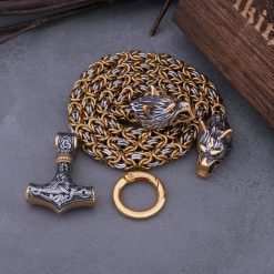 Viking Necklaces Wolf Head Viking Amulet Thor Hammer Gold