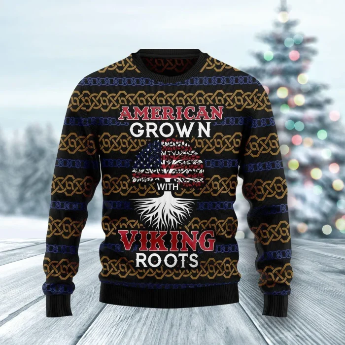 Viking Sweater American Grown With Viking Roots Viking Christmas Sweater, Viking Ugly Christmas Sweater