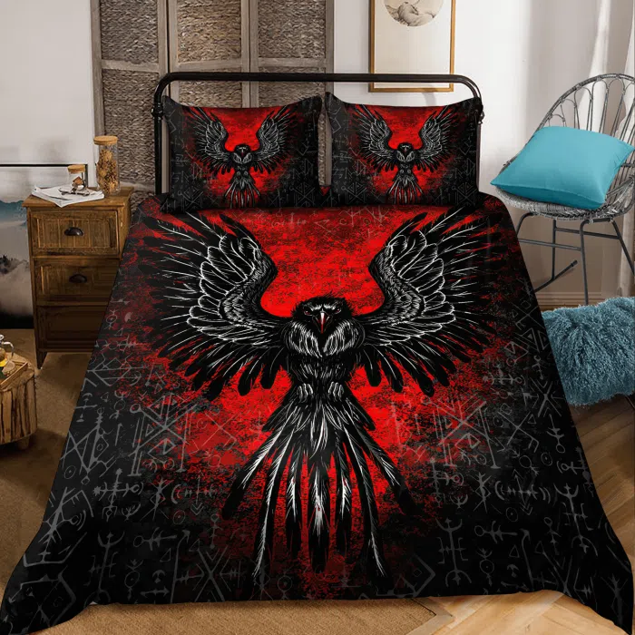 Viking Bedding Set Viking Raven Red Rune