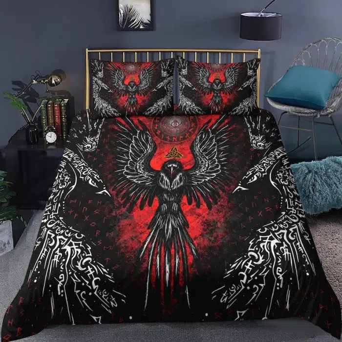 Viking Bedding Set Viking Raven Red Vegvisir