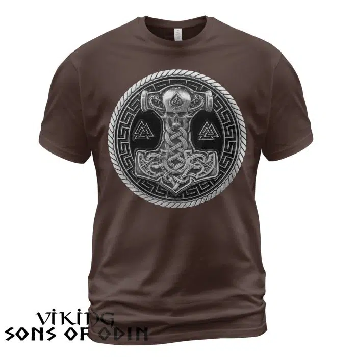 Viking Shirt Thor Hammer Mjolnir Valknut Rune Norse Brown