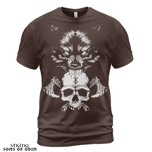 Viking Shirt Wolf Axe Skull Brown