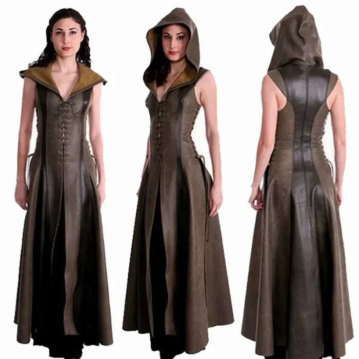 Viking Costume Women Sexy Lace Up Leather Hooded Medieval Dress