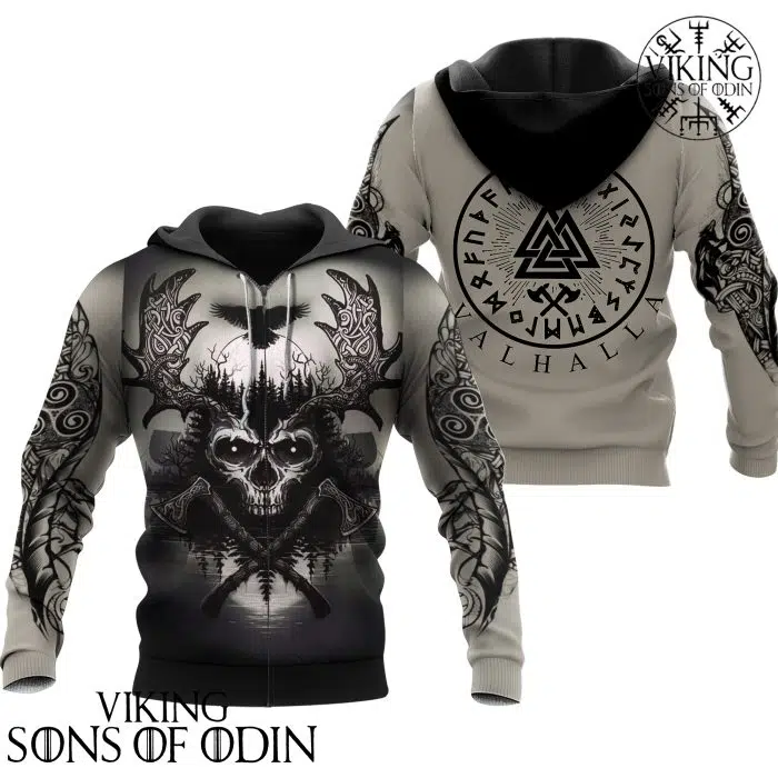 Viking Hoodie Valknut Vegvisir SkViking Zip Hoodie Valknut Vegvisir Skull Deer Horns Norse Runeull Deer Horns Norse Rune