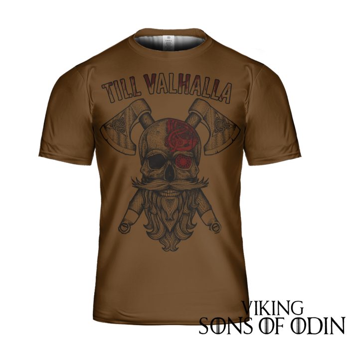 Viking Shirt Warrior Skull AXE Till Valhalla Brown